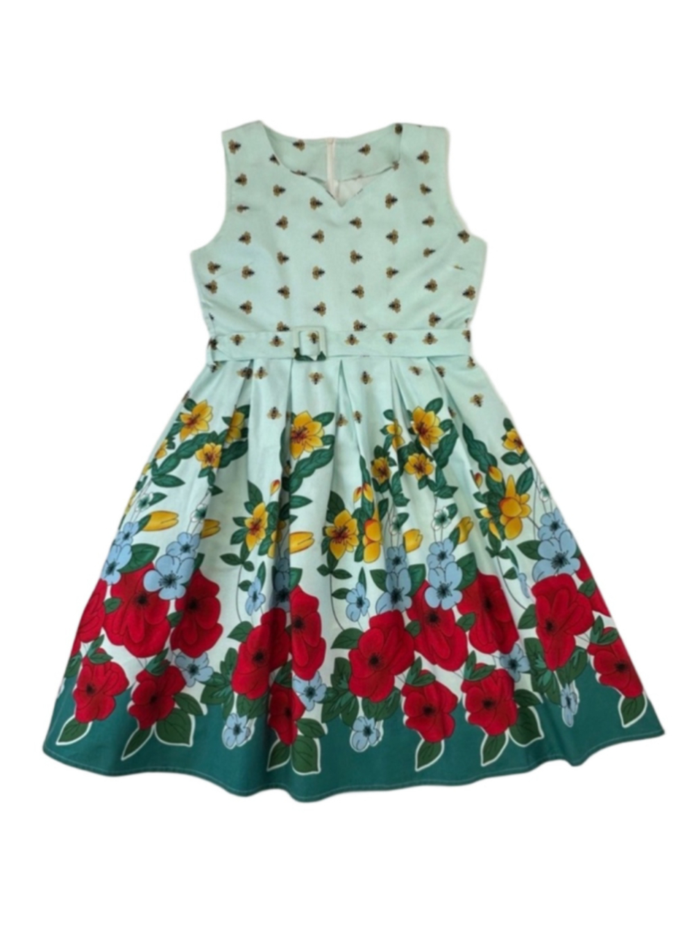 Lindy Bop vintage inspired swing dress light blue poppy bee pattern M fit flare